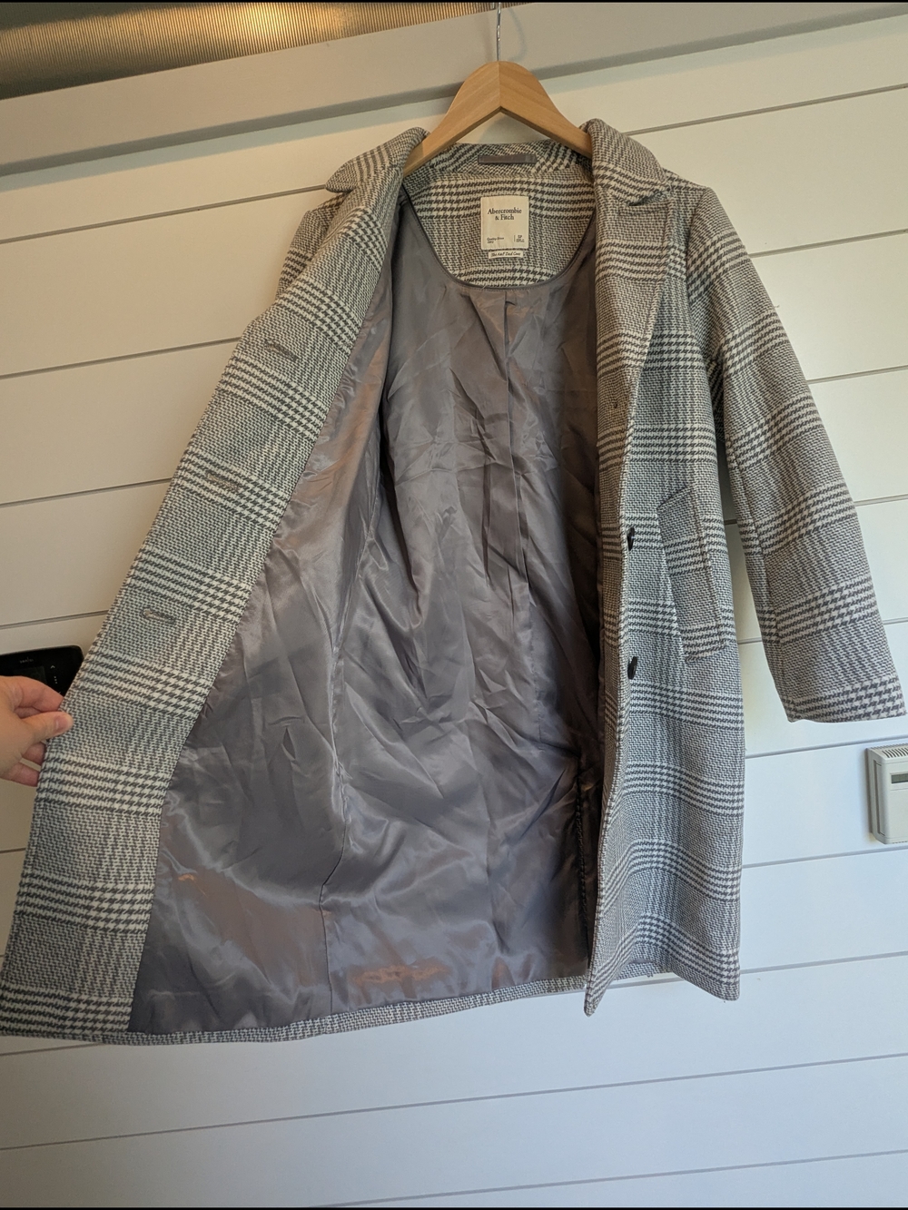 Abercrombie & Fitch Dad Pea Coat Grey Plaid Button Up Wool Blend Small Petite - Picture 11 of 16